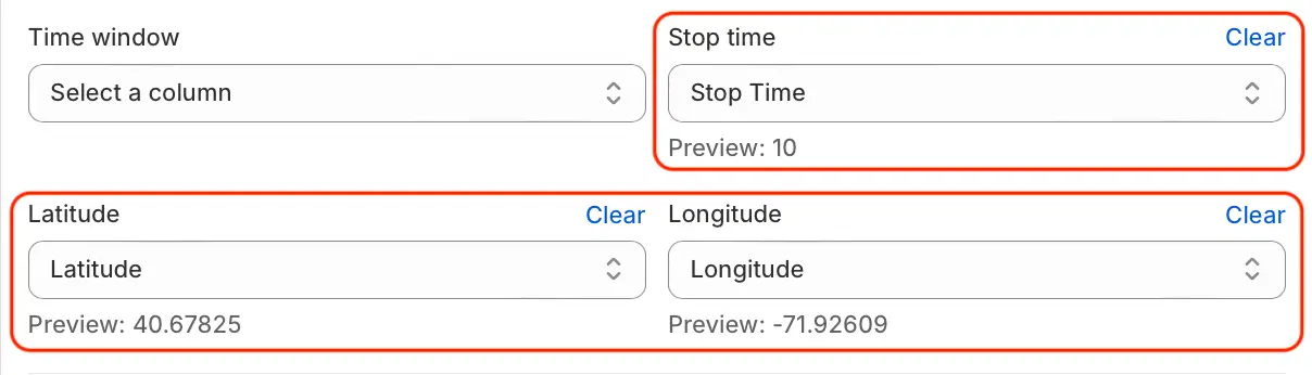 The CSV import column mapping with the new Stop time, Latitude and Longitude fields highlighted, each showing a preview value