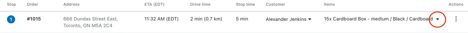 A route's stop row for order #1015 with the dropdown arrow in the Items column circled