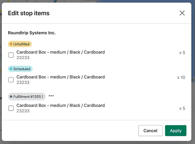 The Edit stop items panel with checkboxes for Unfulfilled, Scheduled and Fulfillment #1355.1 items, and Cancel and Apply buttons