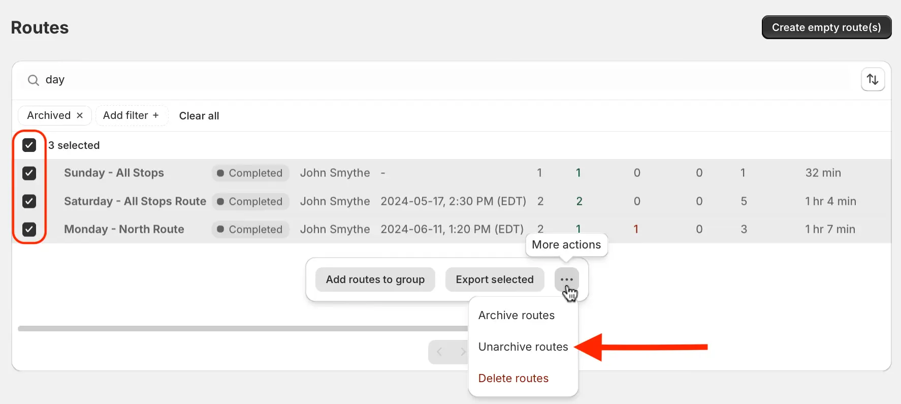 The Routes Page filtered to Archived with three routes ticked and the More actions menu open, an arrow pointing to Unarchive routes