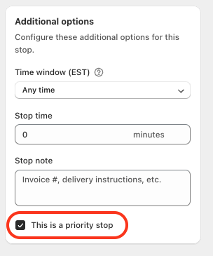 The Additional options panel for a stop with the ticked “This is a priority stop” checkbox circled in red below the Stop note field