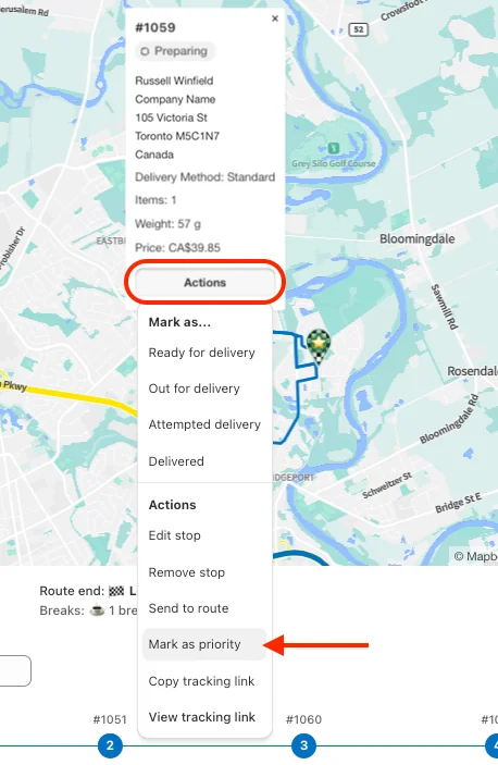 A stop’s popup on the route map with the Actions button circled and an arrow pointing to Mark as priority in its menu