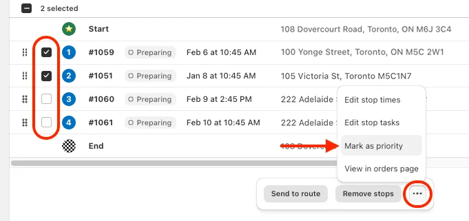 The Route page stop table with two stops ticked, the ••• menu circled, and an arrow pointing to Mark as priority in the bulk actions menu