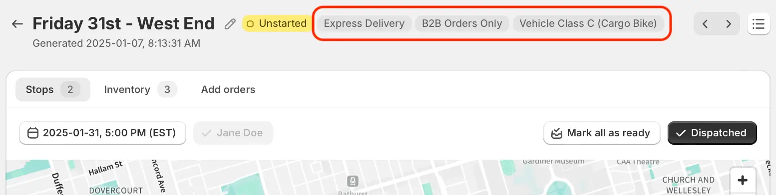 A route page header with three route tags beside the route name, Express Delivery, B2B Orders Only and Vehicle Class C (Cargo Bike), circled in red