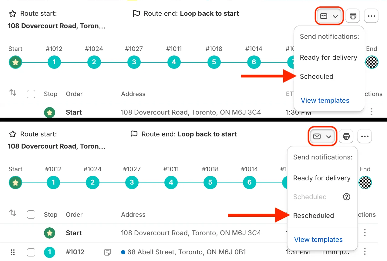 A route’s Send notifications menu shown twice: once with Scheduled available, then with Scheduled greyed out and Rescheduled offered