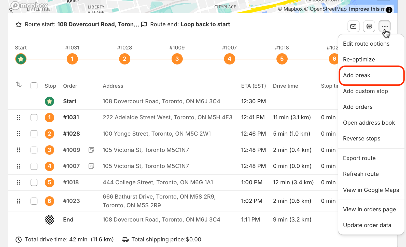 A route's three-dots menu open beside the stop table, with Add break circled between Re-optimize and Add custom stop