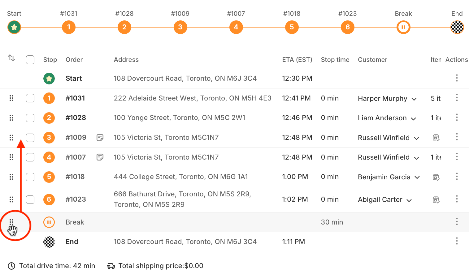 A 30 min Break row added above the End row of a route's stop table, its drag handle circled and an arrow showing it dragged up the list