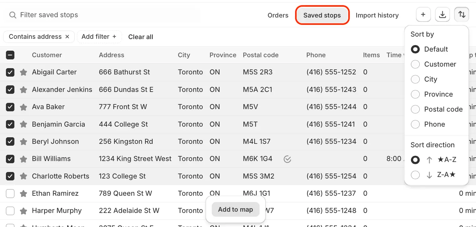 The Saved stops tab circled on the orders page, with starred stops selected and the Sort by menu open with Default and ★A-Z chosen