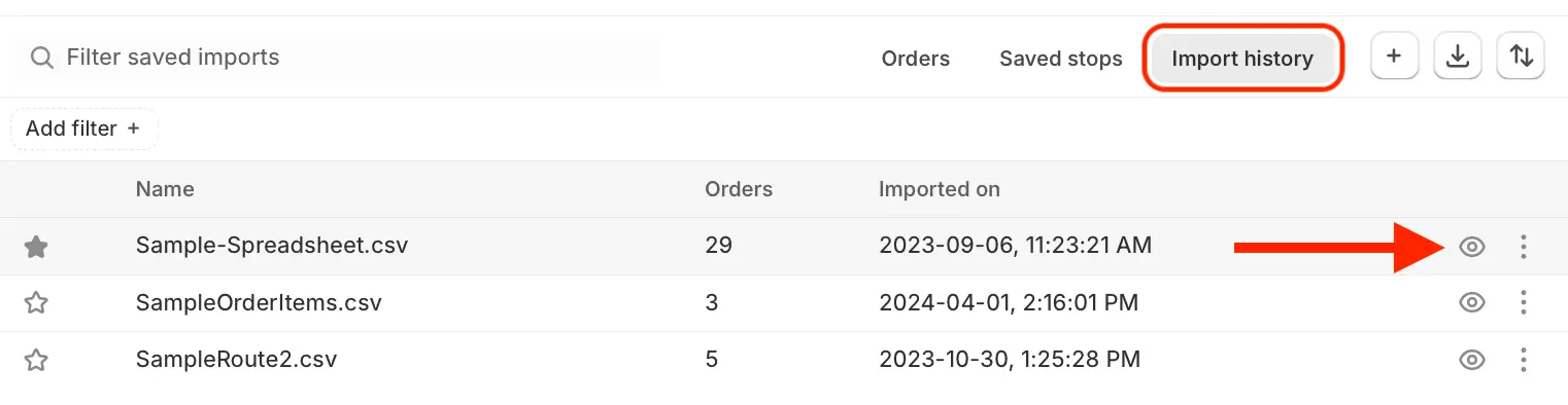 The Import history tab circled, listing three imported CSV files, with an arrow pointing at the eye icon beside Sample-Spreadsheet.csv
