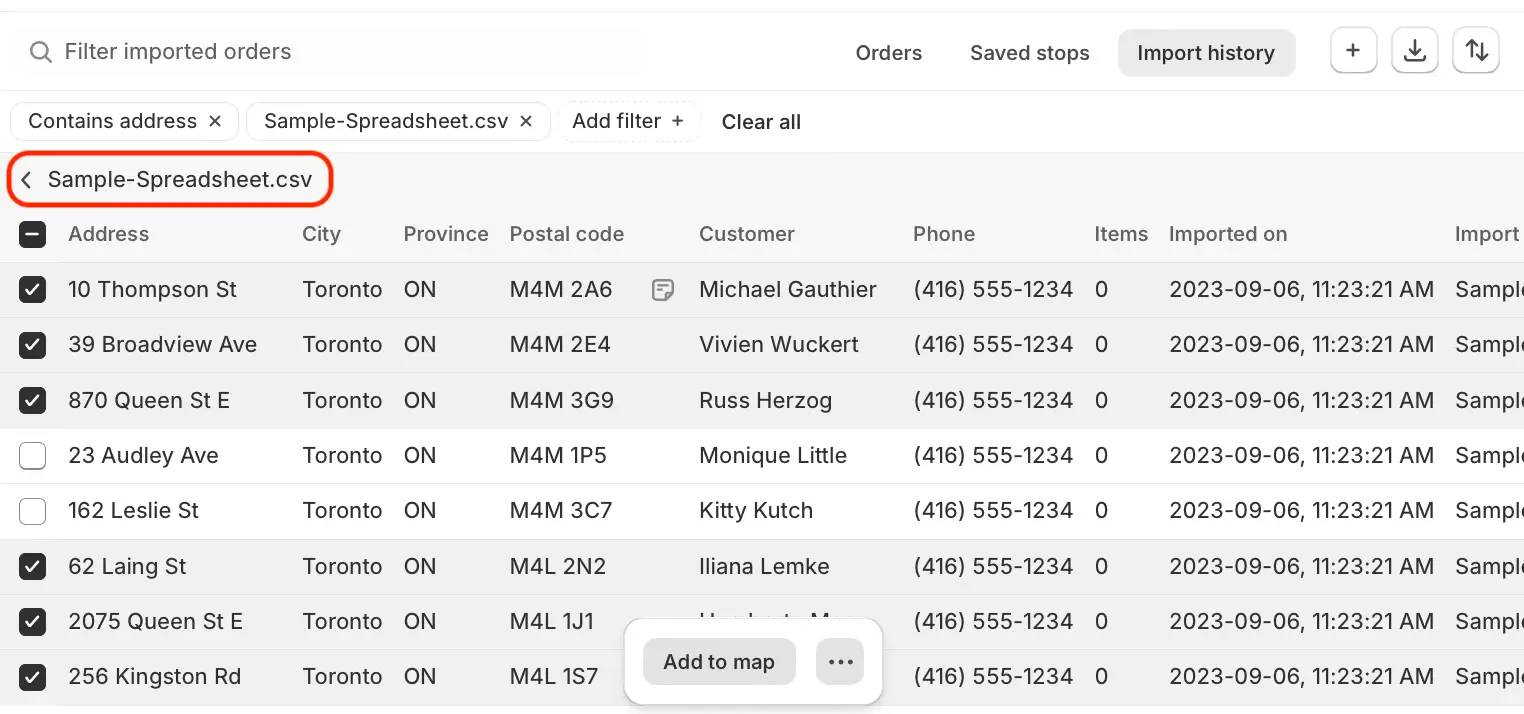 The stops inside Sample-Spreadsheet.csv, most of them checked above the Add to map button, with the back arrow and file name circled
