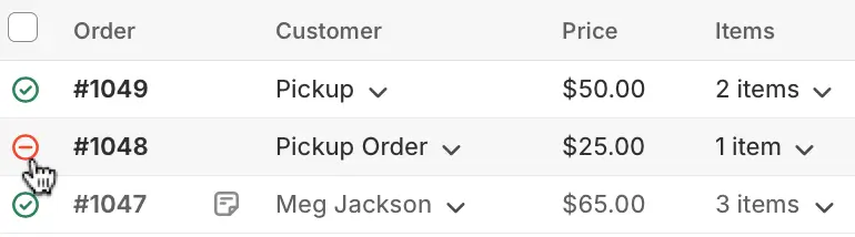 The orders table with green checkmarks beside #1049 and #1047 and the pointer on the red minus icon beside #1048