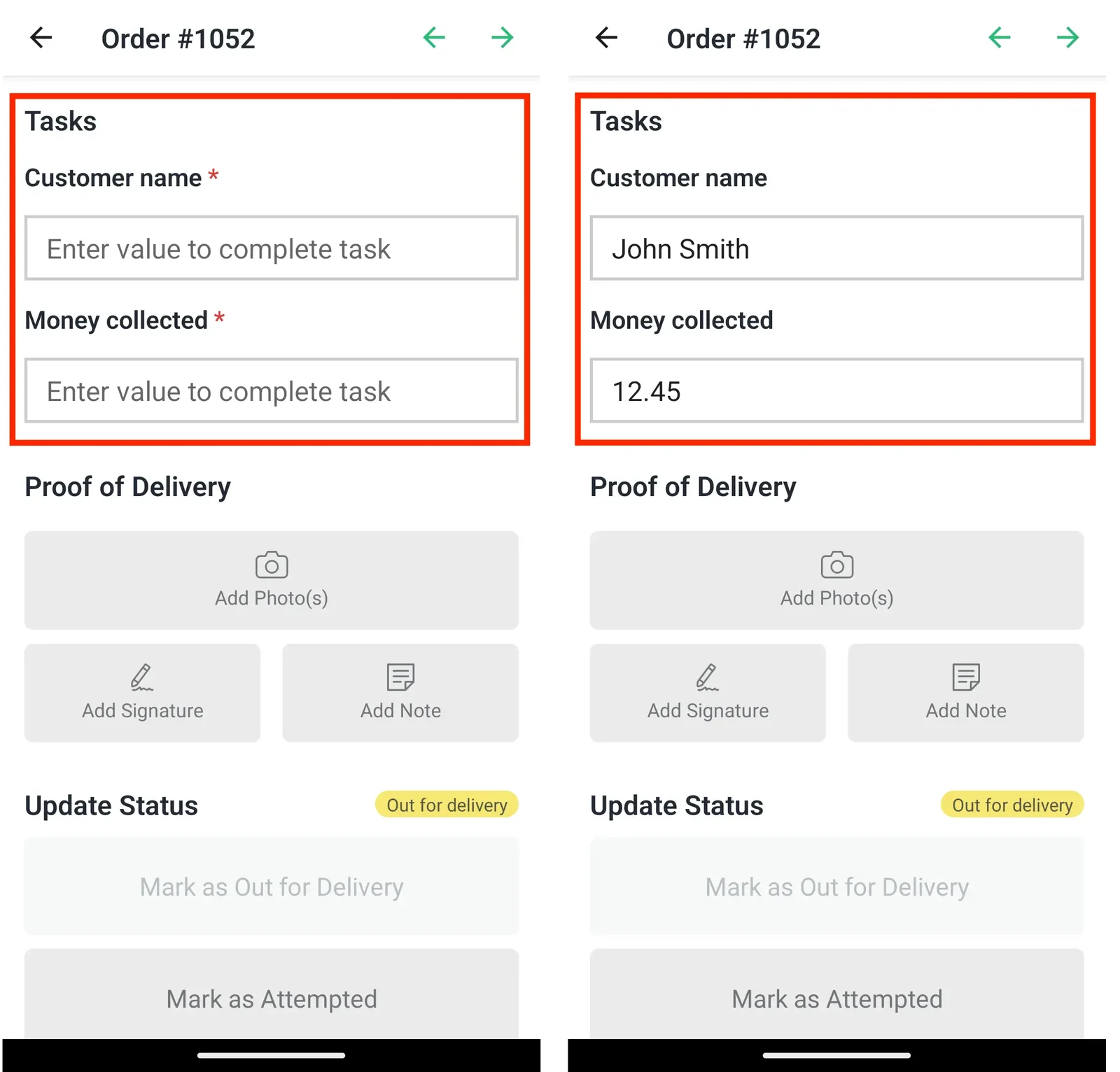 Two views of an order in the EasyRoutes driver app, the Tasks section empty and then filled in with a customer name and 12.45 money collected