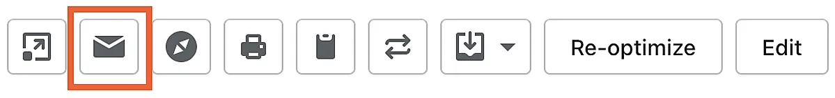 The Route page toolbar with the envelope button that sends the “Ready for Delivery” email outlined in orange