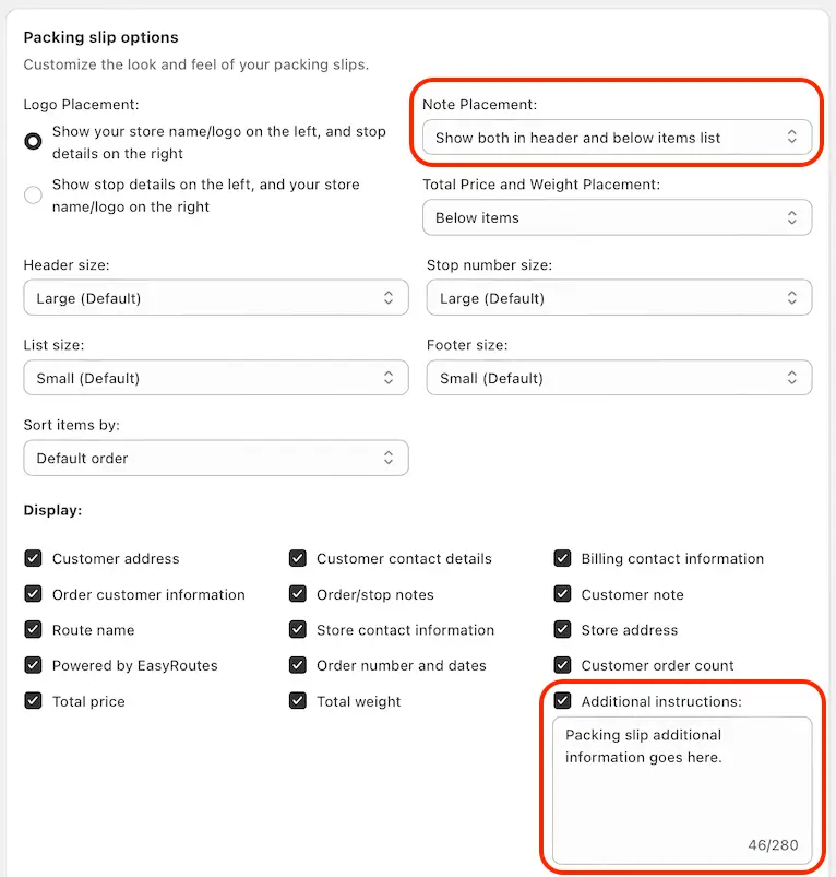 The Packing slip options section with the Note Placement dropdown and the Additional instructions text box both circled in red