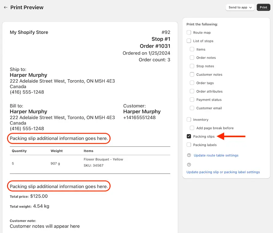 A packing slip in Print Preview with the additional instructions circled in the header and below the items, and Packing slips ticked