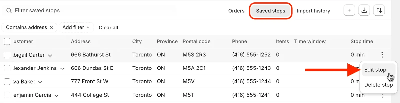 The Saved stops tab of the Orders page, circled in red, with an arrow pointing to Edit stop in a saved stop’s menu