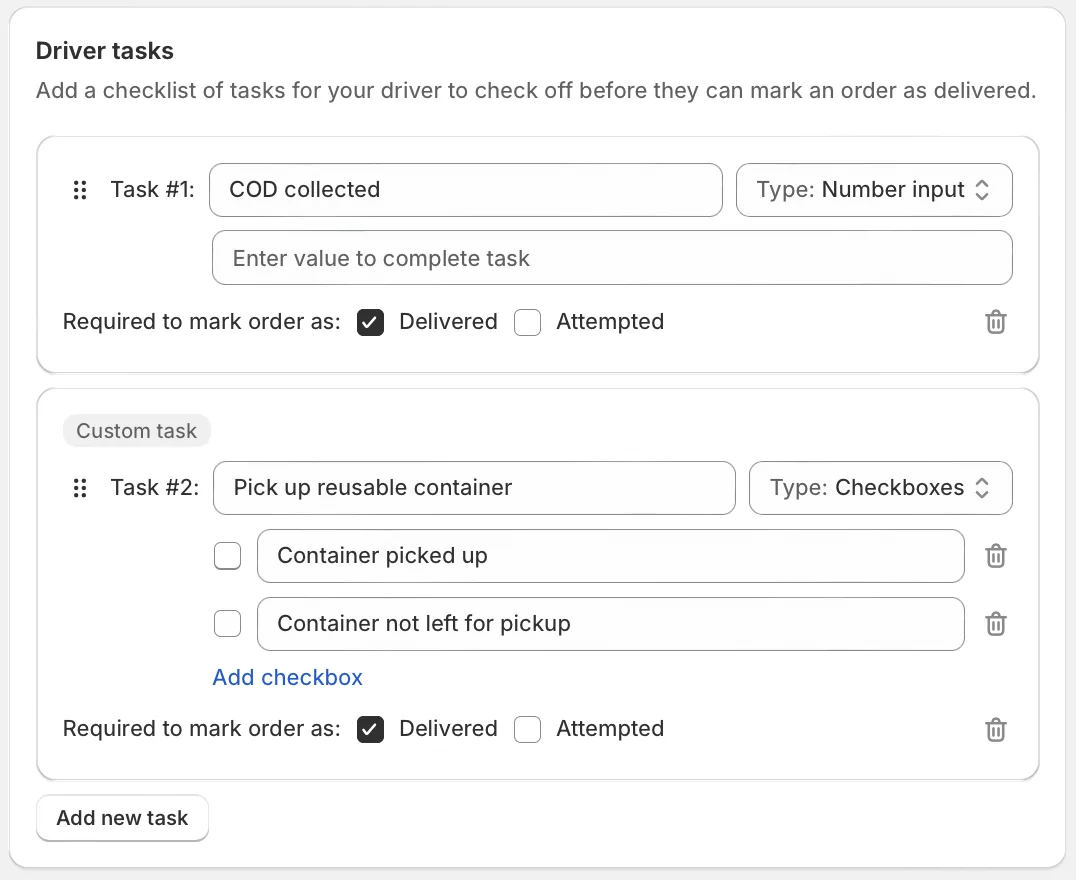The Driver tasks card with a route-level “COD collected” number task above the saved stop’s own task, marked with a Custom task banner