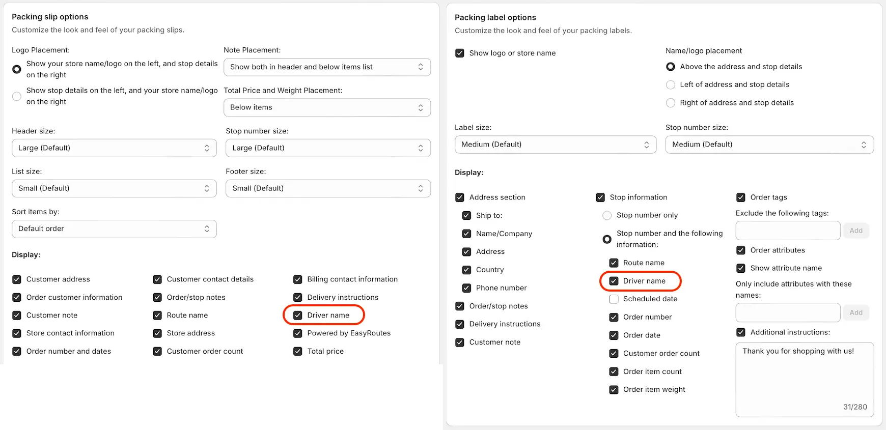 The Packing slip options and Packing label options settings side by side, with the Driver name checkbox circled and ticked in each