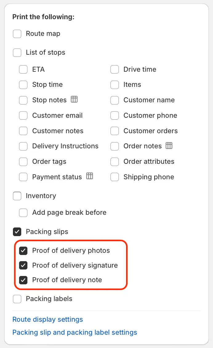 The print options with Packing slips ticked and Proof of delivery photos, signature and note ticked beneath it, outlined in red