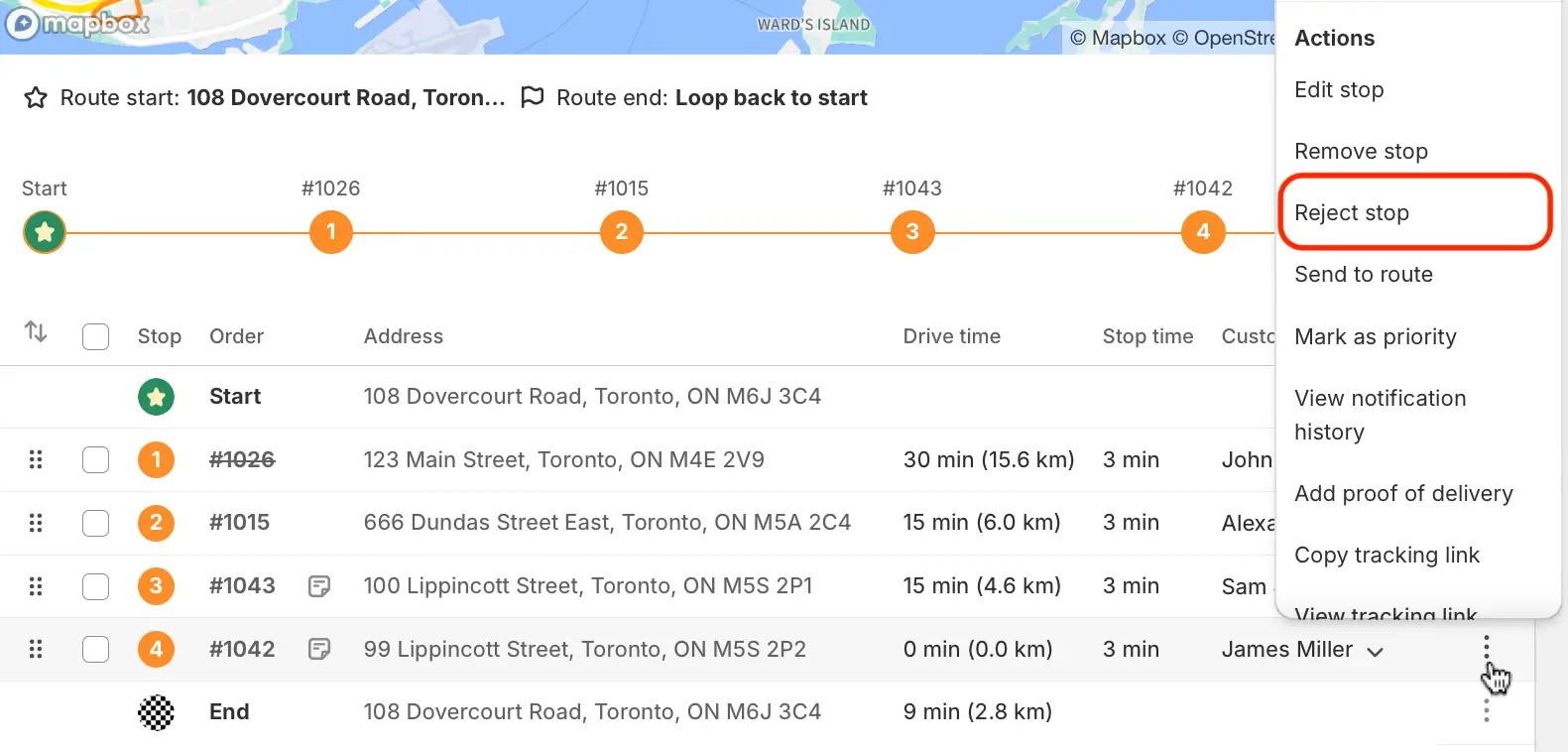 A route’s stop table with the Actions menu open from the three-dot button on stop 4 and Reject stop circled in red