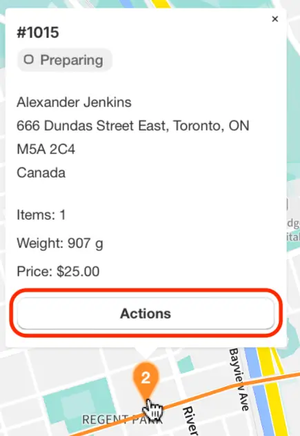 The map popup for stop #1015, showing the customer’s address, items, weight and price, with the Actions button circled in red