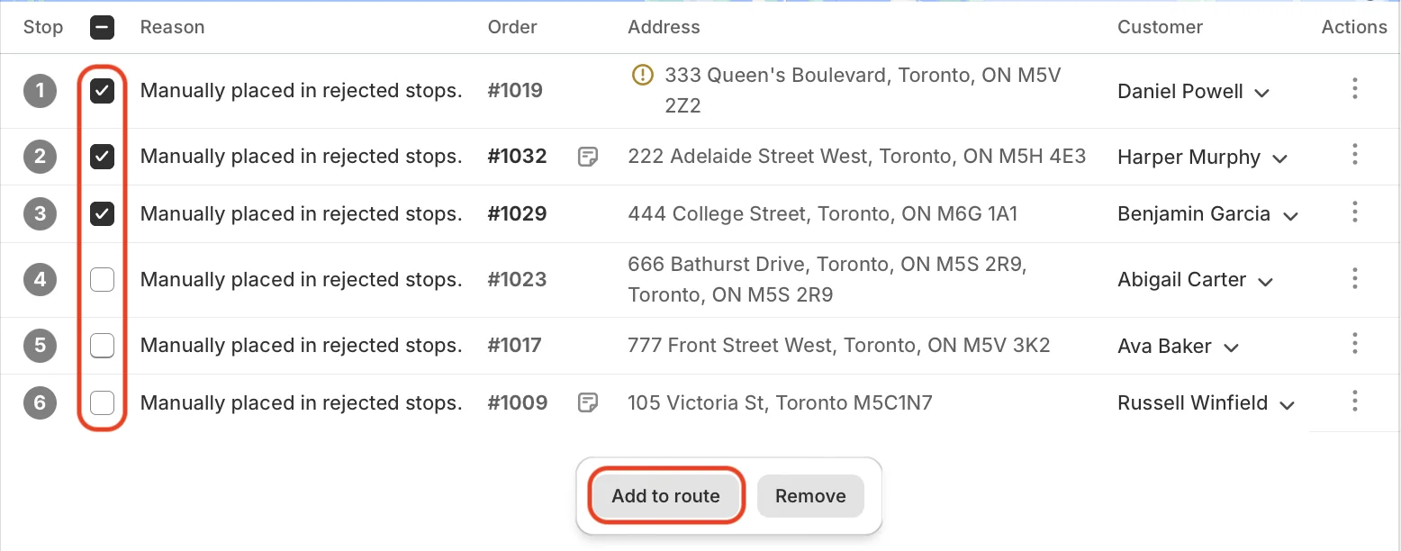 The rejected stops table with the first three stops ticked and the Add to route button circled in red at the bottom