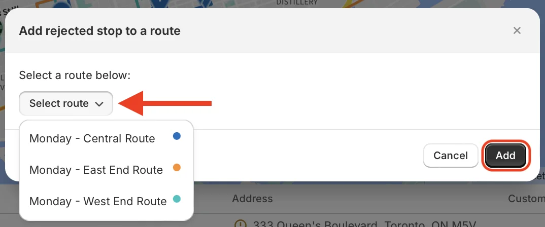 The Add rejected stop to a route dialog with the Select route dropdown open on the group’s Central, East End and West End routes, and the Add button circled