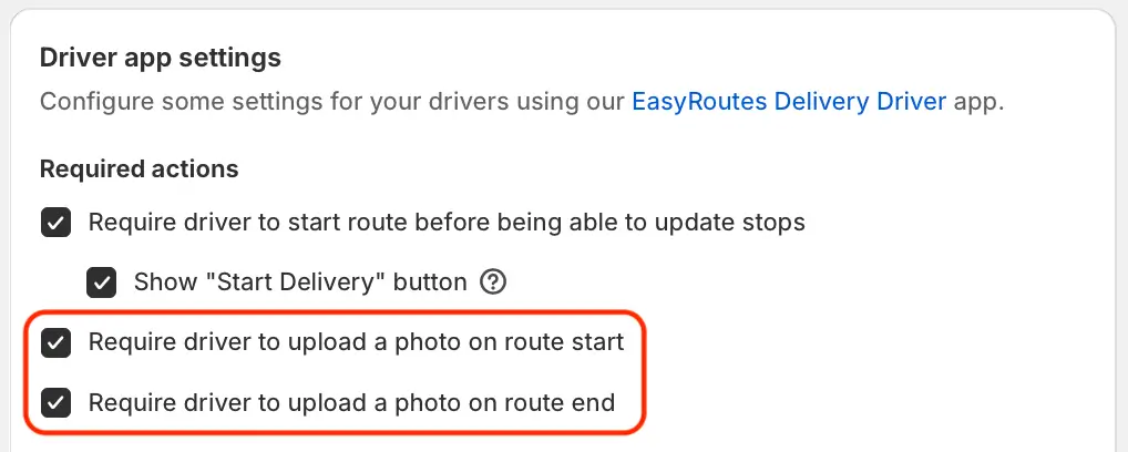 The Driver app settings Required actions list with Require driver to upload a photo on route start and on route end both checked