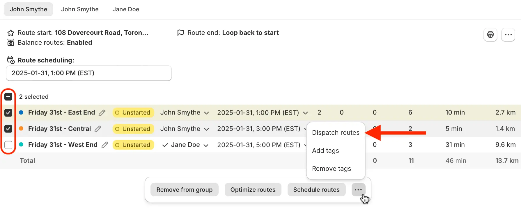 A Route Group with two of three routes selected and an arrow pointing to Dispatch routes in the menu opened from the bottom bar's three-dots button