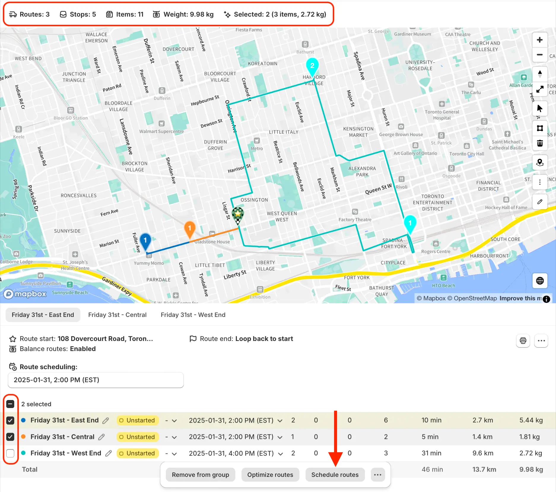 A Route Group summary with the group statistics bar highlighted above the map and two routes ticked, an arrow pointing to Schedule routes