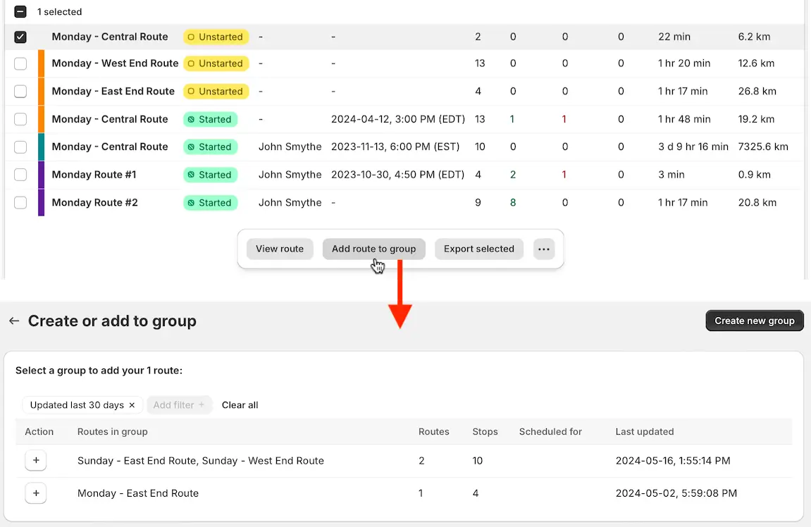 One route selected with Add route to group clicked, leading to the Create or add to group page listing route groups with plus buttons