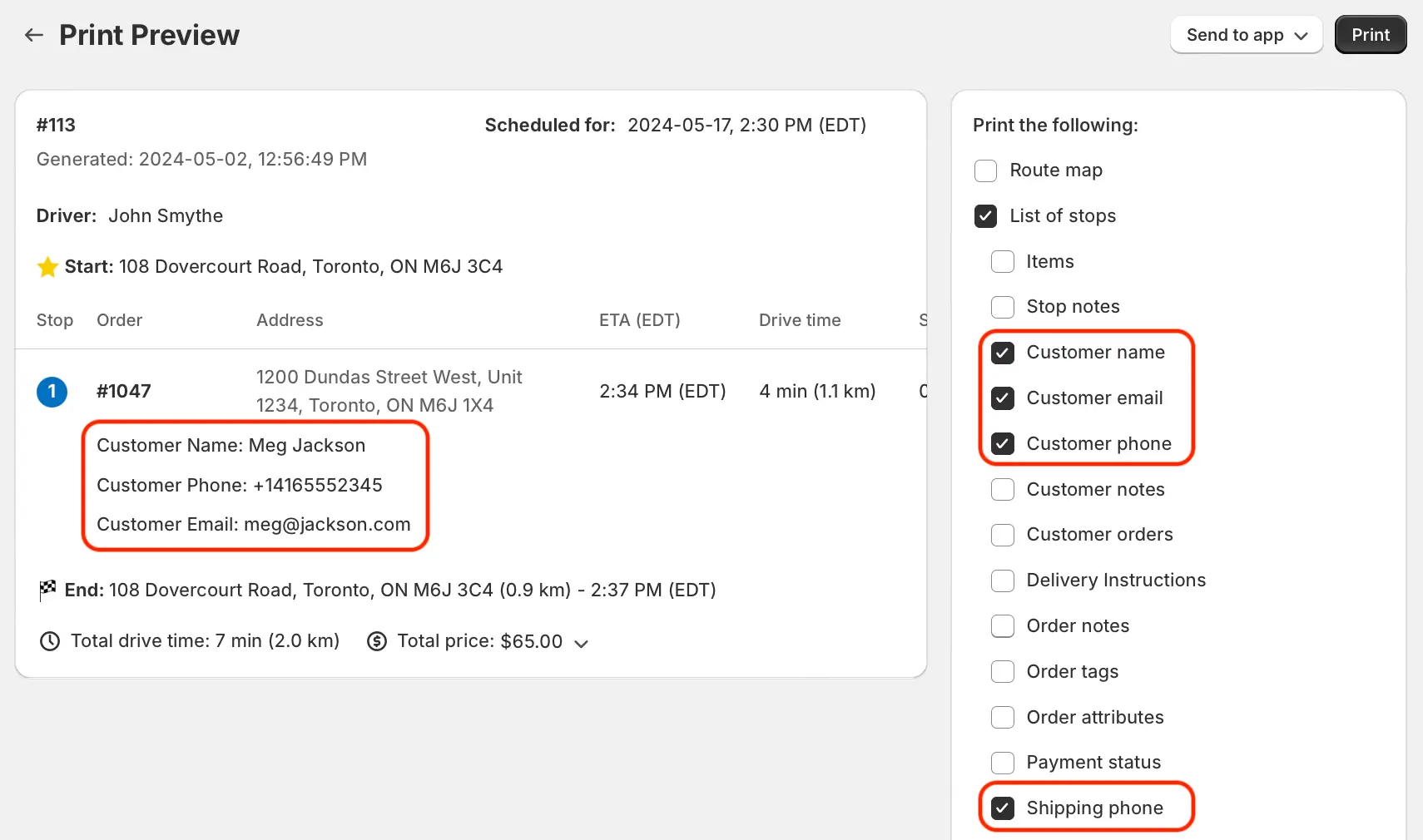 The Print Preview page with Customer name, Customer email, Customer phone and Shipping phone ticked, and those details shown under a stop