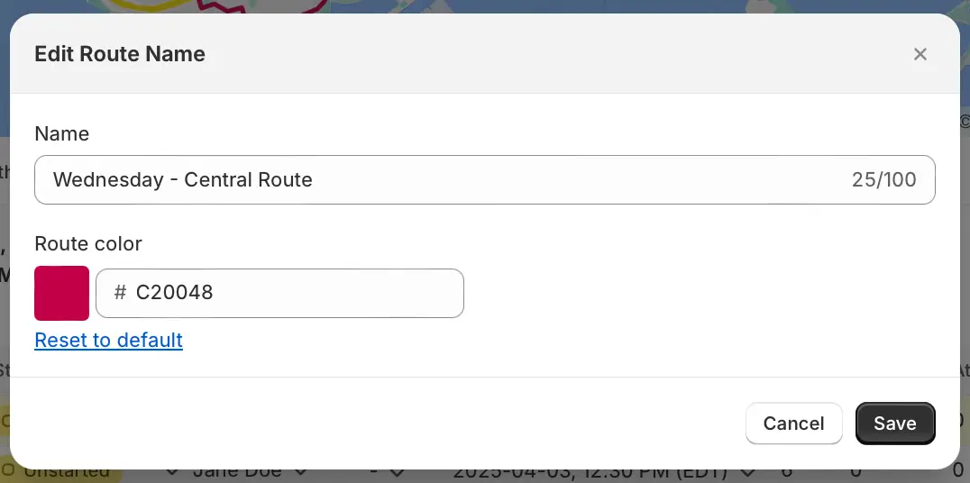 The Edit Route Name modal with a new Route color field showing a crimson swatch, the hex code C20048 and a Reset to default link
