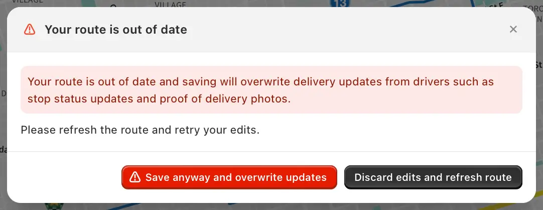 The “Your route is out of date” warning with a red Save anyway and overwrite updates button beside Discard edits and refresh route