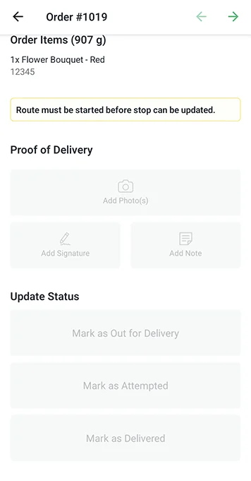 An order in the EasyRoutes Delivery Driver app warning “Route must be started before stop can be updated.” with its Mark as buttons greyed out