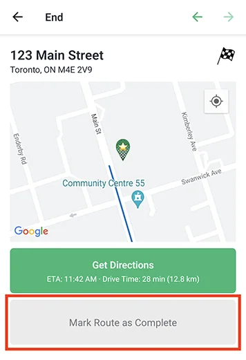 The End stop in the EasyRoutes Delivery Driver app, showing its address on a map with the Mark Route as Complete button outlined in red