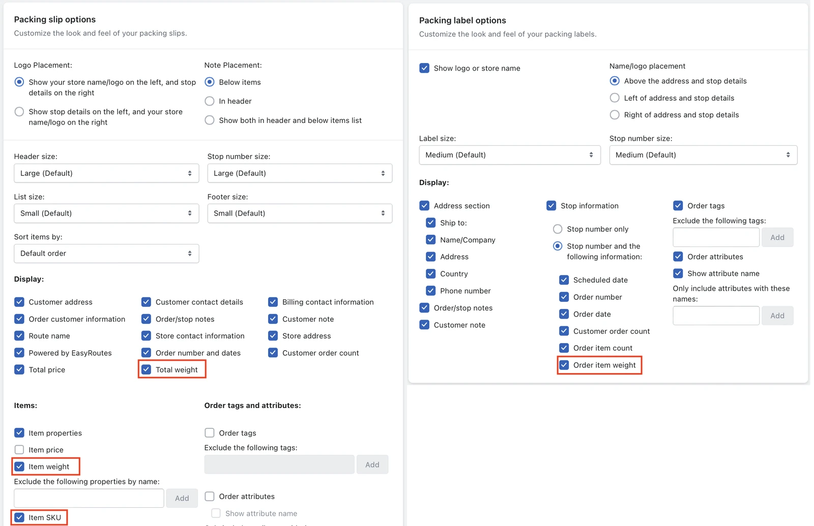 The Packing slip options and Packing label options settings, with Total weight, Item weight, Item SKU and Order item weight ticked and outlined in red