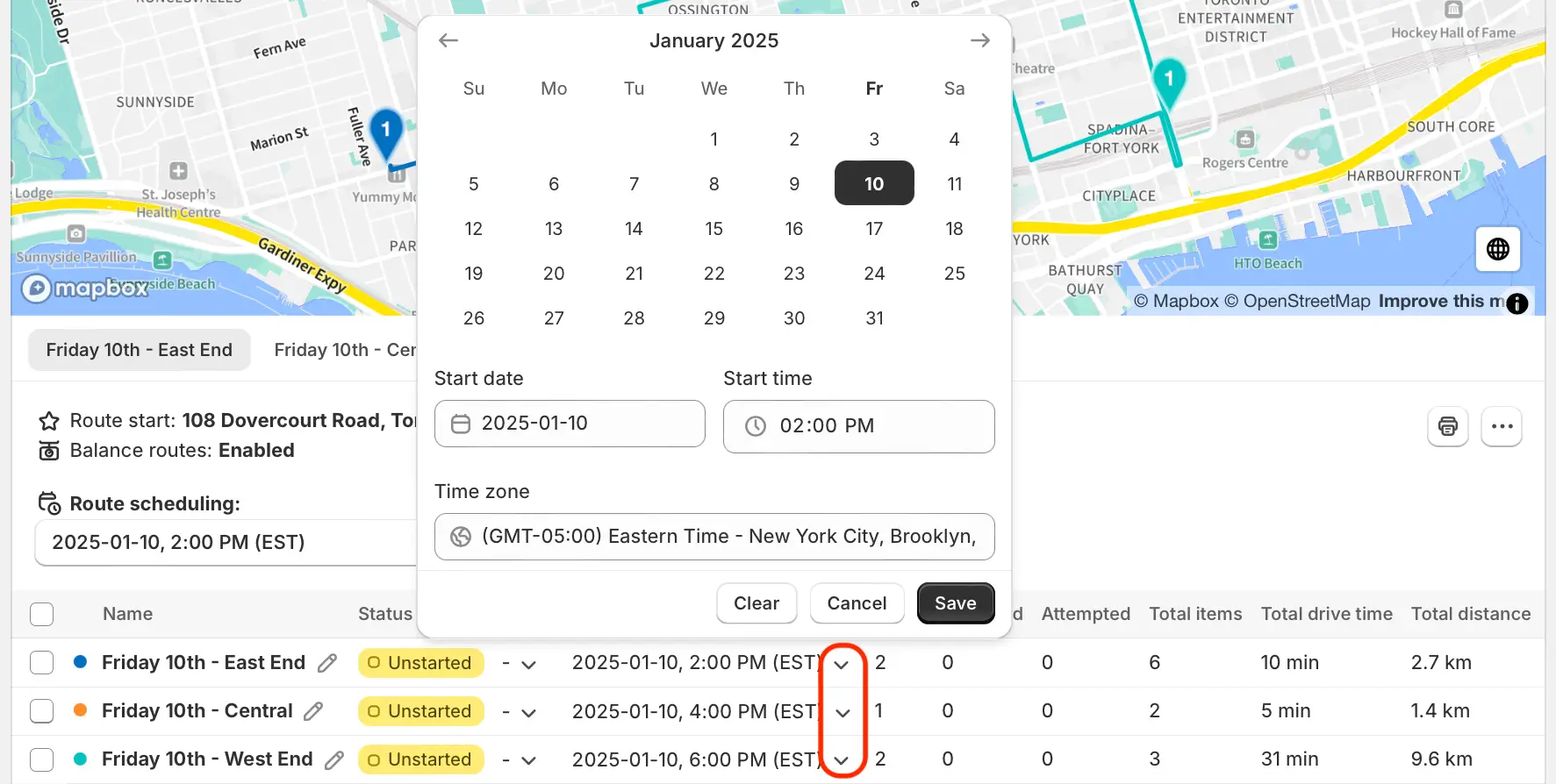 A route group's routes table with the Start time dropdown arrows circled and a calendar open to set a route's start date, time and time zone