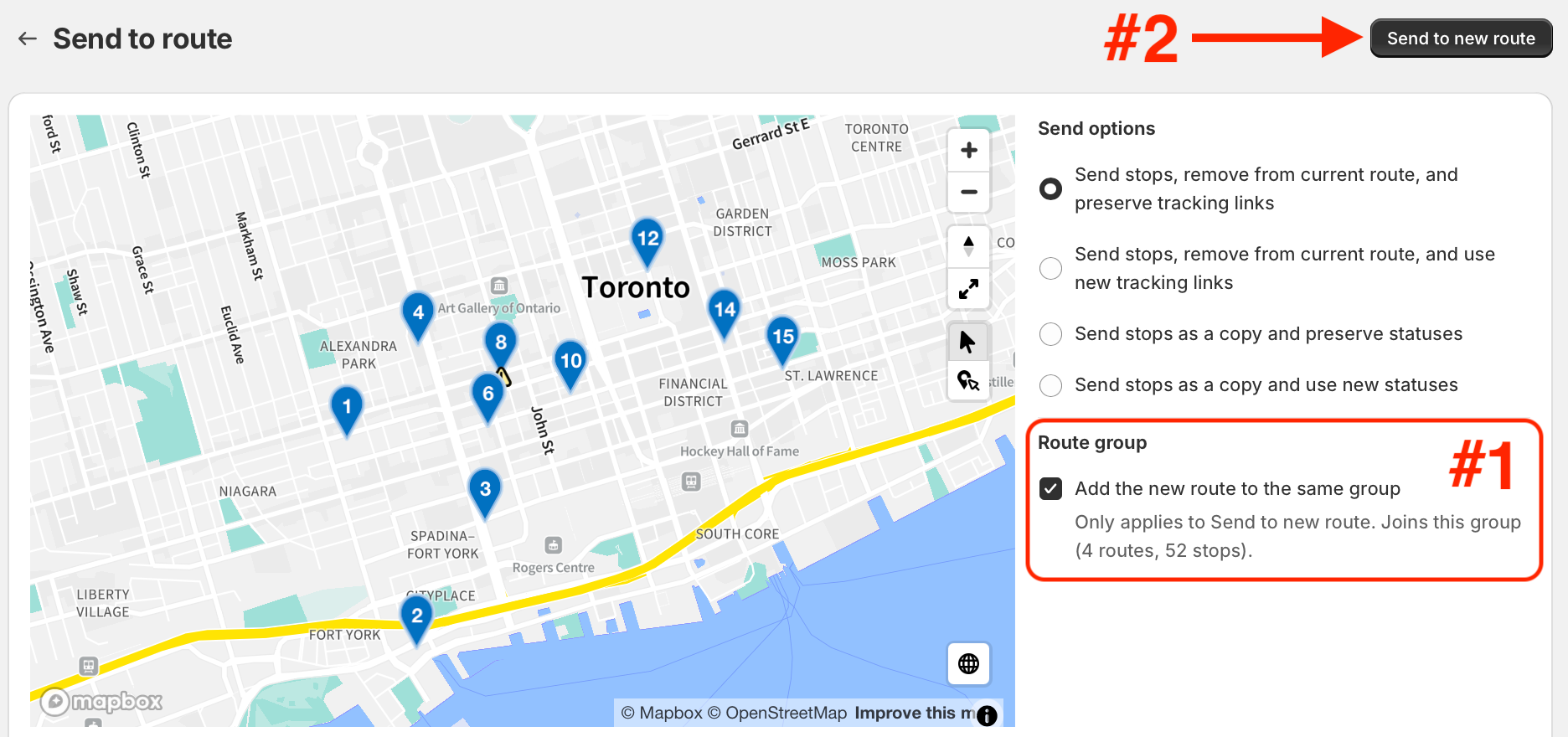 Send to route page with Add the new route to the same group checked under Route group (#1) and the Send to new route button (#2)