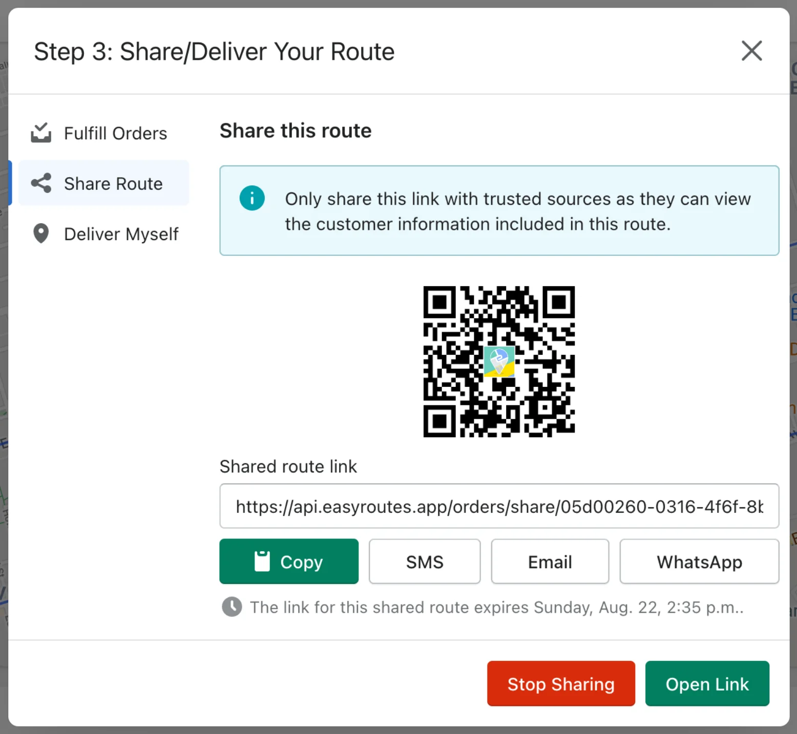 The Share/Deliver Your Route dialog on the Share Route tab, with a QR code, the shared route link, and Copy, SMS, Email and WhatsApp buttons