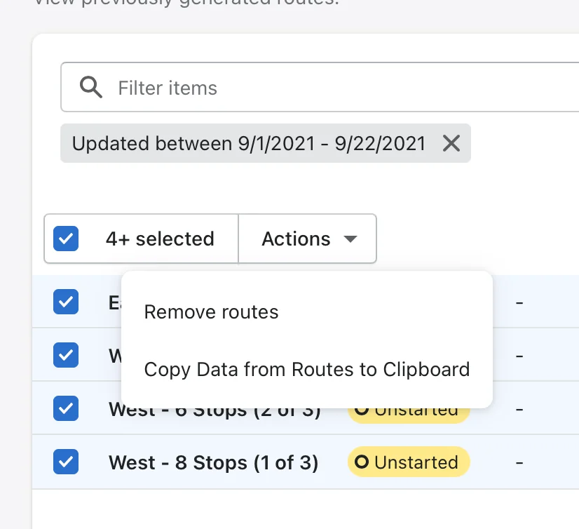 The route history list filtered to updated between 9/1/2021 and 9/22/2021, with routes ticked and Copy Data from Routes to Clipboard in the Actions menu