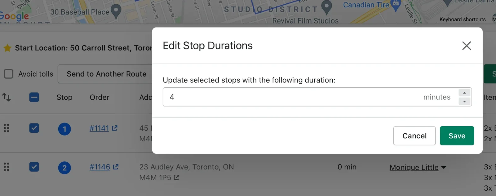 The Edit Stop Durations dialog over a route in Edit mode, setting the selected stops to 4 minutes, with two stops ticked behind it