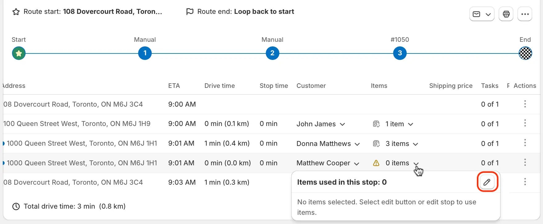 A route's stop with a warning icon beside 0 items, its popover reading “Items used in this stop: 0” with the Edit stop items pencil button circled