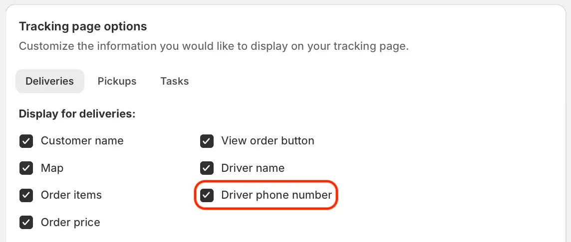 The Tracking page options for deliveries with every item ticked and the new Driver phone number checkbox circled