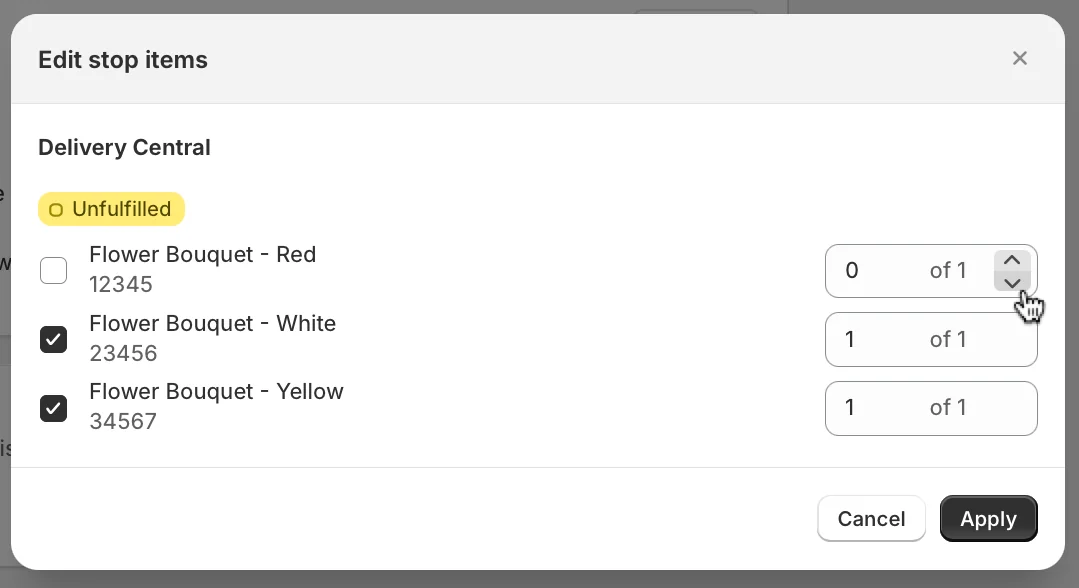 The Edit stop items dialog listing three flower bouquets with checkboxes and quantity steppers, one set to 0 of 1 and two to 1 of 1