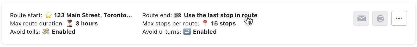 The Route Options summary with the pointer clicking Route end: Use the last stop in route, among max duration, max stops, tolls and u-turn settings