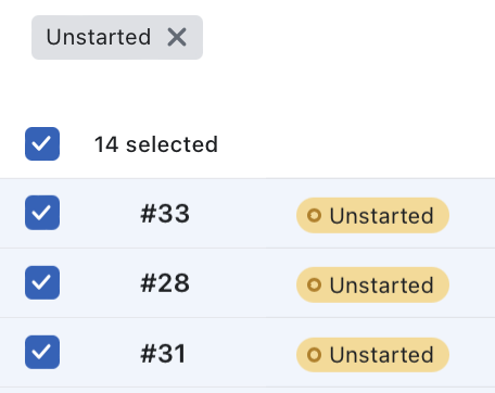 The Routes page with the Select all checkbox ticked, showing 14 selected under an Unstarted filter