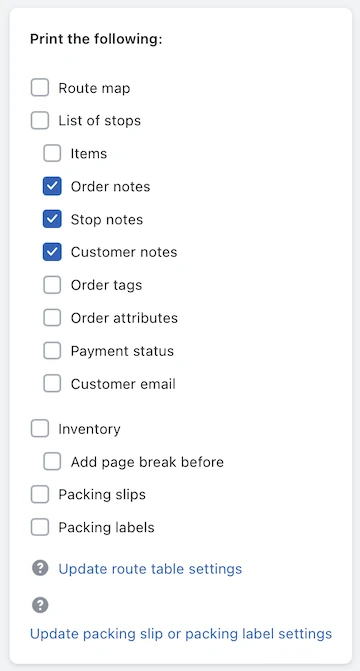 The Print the following panel with Order notes, Stop notes and Customer notes ticked individually under List of stops