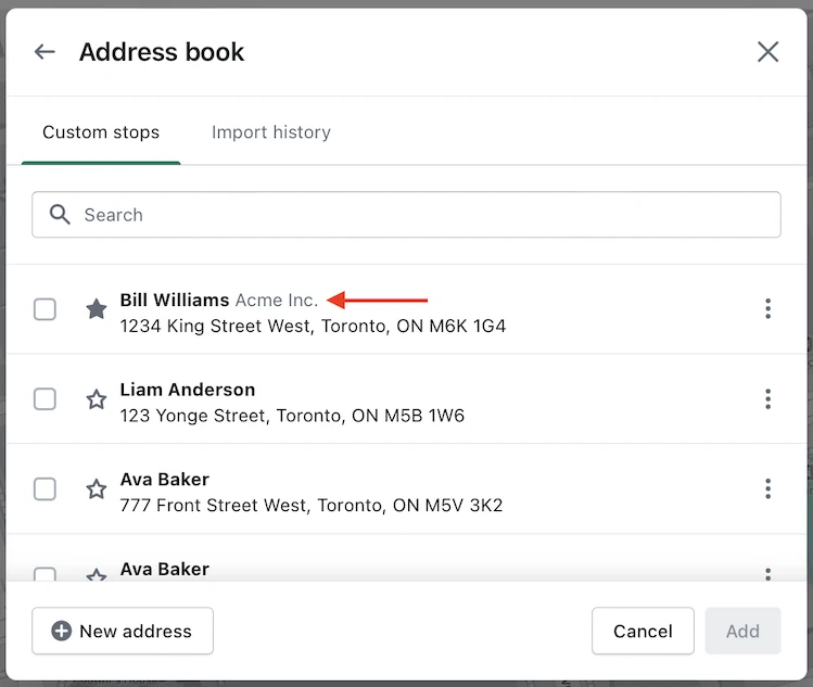 The Address book with a red arrow pointing to the company name Acme Inc. shown beside the saved contact Bill Williams